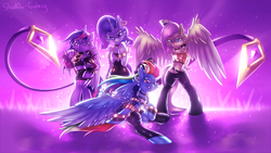 Size: 2732x1536 | Tagged: safe, artist:shad0w-galaxy, character:fluttershy, character:rainbow dash, character:rarity, character:twilight sparkle, character:twilight sparkle (alicorn), species:alicorn, species:pegasus, species:pony, species:unicorn, ahri, akali, armpits, belly button, bipedal, choker, clothing, cosplay, costume, crossover, evelynn, female, fluffy, group, k/da, kai'sa, league of legends, mare, purple background, simple background, smiling, spread wings, video game crossover, wings