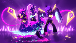 Size: 2732x1536 | Tagged: safe, alternate version, artist:shad0w-galaxy, character:fluttershy, character:rainbow dash, character:rarity, character:twilight sparkle, character:twilight sparkle (alicorn), species:alicorn, species:pony, ahri, akali, armpits, bandana, bipedal, blacklight, clothing, crossover, evelynn, female, fluffy, group, k-pop, k/da, kai'sa, league of legends, mare, neon, purple background, simple background, video game crossover