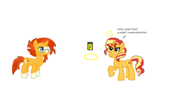 Size: 983x567 | Tagged: safe, artist:theinflater19, character:sunburst, character:sunset shimmer, species:pony, soda, this will end in balloons