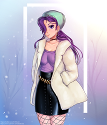 Size: 789x920 | Tagged: safe, artist:draltruist, character:starlight glimmer, species:human, beanie, beautiful, clothing, female, fishnets, hair over one eye, hands in pockets, hat, humanized, leather, leather skirt, miniskirt, pantyhose, skirt, solo