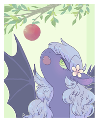 Size: 757x937 | Tagged: safe, artist:amphoera, oc, oc only, oc:nocturne keys, species:bat pony, apple, bat pony oc, bust, flower, flower in hair, food, green background, looking at something, looking up, open mouth, portrait, reaching, simple background, solo, spread wings, tree, tree branch, wings