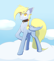 Size: 1600x1800 | Tagged: safe, artist:cheshiresdesires, oc, oc only, oc:windswept skies, species:pegasus, species:pony, braid, charm, cloud, collar, ear fluff, female, floral head wreath, flower, hooves, looking up, male, mare, not derpy, on a cloud, raised hoof, sky, smiling, solo, spread wings, stallion, standing on a cloud, wings