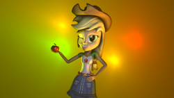 Size: 3265x1837 | Tagged: safe, artist:optimussparkle, character:applejack, g4, my little pony: equestria girls, my little pony:equestria girls, 3d, 4k, apple, belt, clothing, cowboy hat, denim skirt, food, geode of super strength, gradient background, hat, looking at you, magical geodes, one eye closed, shirt, skirt, source filmmaker, stetson, t-shirt, wink
