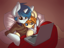 Size: 2651x1980 | Tagged: safe, artist:jarwis, oc, oc only, oc:jarv, oc:whoop, species:pony, species:unicorn, blanket, computer, cuddling, cute, explicit source, gay, holiday, laptop computer, male, netflix, netflix and chill, snuggling, valentine's day