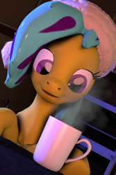Size: 2160x3240 | Tagged: safe, artist:quicktimepony, oc, oc:soloist song, species:pony, 3d, christmas, clothing, coffee, cup, hair, hat, holiday, night, santa hat, solo, source filmmaker