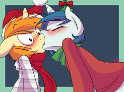 Size: 1262x933 | Tagged: safe, artist:jarwis, oc, oc only, oc:jarv, oc:whoop, species:pony, species:unicorn, blushing, christmas, clothing, cute, featured on derpibooru, french kiss, gay, hat, holiday, human shoulders, kissing, male, misleading thumbnail, mistletoe, not shining armor, oc x oc, santa hat, scarf, shipping, surprise kiss, surprised