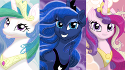 Size: 1920x1080 | Tagged: safe, artist:masteraqua01, artist:theroyalprincesses, character:princess cadance, character:princess celestia, character:princess luna, species:pony, alicorn triarchy, bust, crown, female, jewelry, looking at you, mare, regalia, royal sisters, smiling, trio, wallpaper