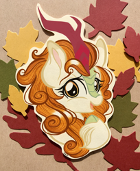 Size: 2810x3446 | Tagged: safe, artist:emberslament, character:autumn blaze, species:kirin, episode:sounds of silence, g4, my little pony: friendship is magic, awwtumn blaze, colored pencil drawing, cute, cutout, female, leaves, looking at you, open mouth, photo, quadrupedal, simple background, solo, traditional art, unshorn fetlocks