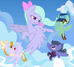Size: 2376x2160 | Tagged: safe, artist:razorbladetheunicron, base used, character:flitter, oc, oc:blizzard, oc:citrus surprise, oc:mint chip, parent:flitter, parent:thunderlane, parents:flitterlane, species:pegasus, species:pony, lateverse, baseball cap, blank flank, bow, cap, clothing, colt, cutie mark, female, filly, flying, foal, group, hair bow, hat, jacket, male, mare, mother and child, next generation, offspring, scarf, sky, tail bow