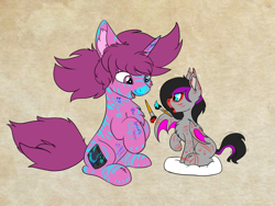 Size: 1600x1200 | Tagged: safe, artist:aurorafang, artist:scarrly, oc, oc:aurorafang, oc:scarrly, species:bat pony, species:pony, species:unicorn, body painting, body writing, collaboration, face paint, painting