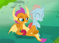 Size: 1936x1400 | Tagged: safe, artist:squipycheetah, character:ocellus, character:smolder, species:changeling, species:dragon, species:reformed changeling, ball, bedroom eyes, blushing, changeling kingdom, crossed legs, cute, diaocelles, dragoness, eyes closed, female, happy, laughing, lesbian, raised hoof, shipping, sitting, smiling, smolcellus, smolderbetes, spread wings, watermark, wings