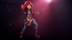 Size: 3840x2160 | Tagged: safe, artist:imafutureguitarhero, character:sunset shimmer, species:human, my little pony:equestria girls, 3d, 4k, amplifier, animated, bass guitar, boots, breasts, cleavage, clothing, dress, female, guitar, headbang, jacket, jeans, leather jacket, lens flare, loop, metal, metal as fuck, motion blur, musical instrument, no sound, pants, perfect loop, performance, playing guitar, playing instrument, reflection, rickenbacker, rocking out, shoes, solo, source filmmaker, speakers, sunset shredder, volumetric light, webm