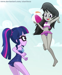 Size: 657x785 | Tagged: safe, artist:charliexe, character:octavia melody, character:twilight sparkle, character:twilight sparkle (scitwi), species:eqg human, equestria girls:forgotten friendship, g4, my little pony: equestria girls, my little pony:equestria girls, armpits, attached skirt, barefoot, beach ball, belly button, blue swimsuit, bow swimsuit, clothing, cute, cutie mark swimsuit, feet, female, frilled swimsuit, glasses, jumping, legs, midriff, ponytail, purple swimsuit, sci-twibutt, show accurate, skirt, sleeveless, striped swimsuit, swimsuit, tavibetes, tricolor swimsuit, twiabetes, twibutt