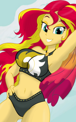 Size: 1200x1920 | Tagged: safe, artist:theroyalprincesses, character:sunset shimmer, g4, my little pony: equestria girls, my little pony:equestria girls, armpits, belly button, bikini, black swimsuit, breasts, busty sunset shimmer, clothing, cutie mark swimsuit, female, grin, jeweled swimsuit, midriff, sexy, smiling, solo, stupid sexy sunset shimmer, summer sunset, swimsuit
