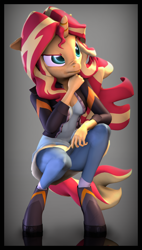 Size: 3400x6000 | Tagged: safe, artist:imafutureguitarhero, character:sunset shimmer, species:anthro, species:unguligrade anthro, my little pony:equestria girls, 3d, :t, absurd file size, absurd resolution, boots, border, clothing, colored eyebrows, colored eyelashes, dress, female, film grain, floppy ears, freckles, hand on chin, hand on knee, jacket, jeans, leather jacket, long hair, long mane, multicolored hair, nose wrinkle, pants, reflection, shadow, shirt, shoes, signature, socks, solo, source filmmaker, squatting, vertical, windswept mane, windswept tail