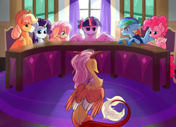 Size: 1024x740 | Tagged: safe, artist:loryska, character:applejack, character:fluttershy, character:pinkie pie, character:rainbow dash, character:rarity, character:twilight sparkle, character:twilight sparkle (alicorn), oc, oc:larkspur, parent:discord, parent:fluttershy, parents:discoshy, species:alicorn, species:draconequus, species:pony, baby, baby pony, crying, hybrid, interspecies offspring, mane six, offspring, older