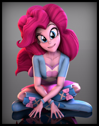 Size: 3600x4600 | Tagged: safe, artist:imafutureguitarhero, character:pinkie pie, species:human, my little pony:equestria girls, 3d, absurd resolution, boots, border, bracelet, chromatic aberration, clothing, crossed arms, crossed legs, female, grin, head tilt, jewelry, looking at you, raised eyebrow, reflection, shoes, signature, sitting on floor, skirt, smiling, solo, source filmmaker