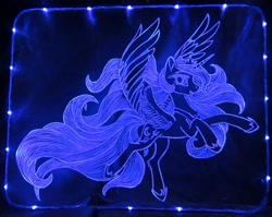 Size: 1972x1572 | Tagged: safe, artist:elektrik-nedouchka, artist:irfp250n, artist:vird-gi, character:princess luna, species:pony, acrylic plastic, acrylight, craft, engraving, female, flying, led, long mane, long tail, mare, smiling, solo, spread wings, windswept mane, wings