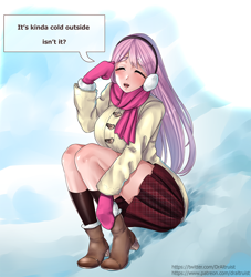 Size: 1000x1100 | Tagged: safe, artist:draltruist, character:fluttershy, species:human, boots, clothing, cold, content, earmuffs, eyes closed, female, gloves, happy, high heel boots, humanized, jacket, legs, miniskirt, outdoors, plaid skirt, pleated skirt, scarf, shoes, skirt, snow, socks, solo, talking, thighs, winter