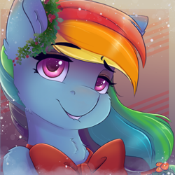 Size: 1800x1800 | Tagged: safe, artist:ardail, character:rainbow dash, species:pegasus, species:pony, abstract background, bow, bust, christmas, christmas wreath, commission, female, holiday, lip bite, looking at you, mare, solo, wreath