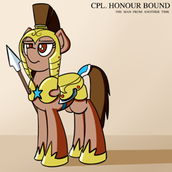 Size: 1000x1000 | Tagged: safe, artist:ashtoneer, oc, oc:honour bound, species:earth pony, species:pony, fanfic:everyday life with guardsmares, armor, everyday life with guardsmares, female, guardsmare, mare, royal guard, simple background, solo, spear, weapon