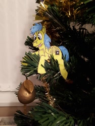 Size: 864x1152 | Tagged: safe, artist:rapidsnap, oc, oc:rapidsnap, christmas, christmas tree, craft, food, holiday, licking, licking lips, papercraft, pear, perching, puppet, tongue out, traditional art, tree, tree branch