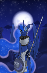 Size: 1050x1650 | Tagged: safe, artist:sinrar, character:princess luna, species:anthro, belly button, clothing, fantasy class, female, folded wings, loincloth, midriff, moon, night, shield, solo, spear, stars, warrior, warrior luna, weapon, wings
