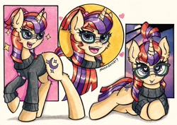 Size: 2048x1446 | Tagged: safe, artist:canvymamamoo, character:moondancer, species:pony, species:unicorn, blep, clothing, cute, dancerbetes, female, glasses, heart eyes, mare, silly, solo, sweater, tongue out, wingding eyes