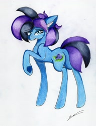 Size: 2219x2905 | Tagged: safe, artist:luxiwind, oc, oc:berry bliss, species:earth pony, species:pony, blue coat, blue eyes, cutie mark, ear fluff, female, frog (hoof), mare, raised hoof, solo, traditional art, two toned mane, two toned tail, underhoof