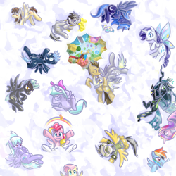 Size: 1024x1024 | Tagged: safe, artist:saturnspace, character:cloudchaser, character:daring do, character:derpy hooves, character:discord, character:doctor whooves, character:flitter, character:fluttershy, character:pinkie pie, character:princess cadance, character:princess luna, character:queen chrysalis, character:rainbow dash, character:rarity, character:scootaloo, character:star hunter, character:surprise, character:thunderlane, character:time turner, character:wild fire, species:alicorn, species:changeling, species:draconequus, species:earth pony, species:pegasus, species:pony, species:unicorn, g1, ask discorded whooves, changeling queen, cloud, cloudy, discord whooves, female, g1 to g4, generation leap, glimmer wings, gossamer wings, jack harkness, male, mare, ponified, princess, s1 luna, stallion