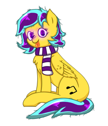 Size: 1200x1400 | Tagged: safe, artist:quicktimepony, oc, oc:soloist song, species:pegasus, species:pony, 2019 community collab, derpibooru community collaboration, clothing, cutie mark, neon colors, scarf, simple background, sitting, solo, transparent background