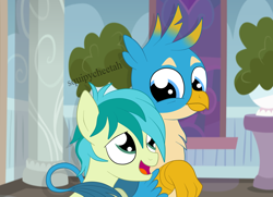 Size: 1936x1400 | Tagged: safe, artist:squipycheetah, character:gallus, character:sandbar, species:earth pony, species:griffon, species:pony, ship:gallbar, season 8, chest fluff, cute, gallabetes, gay, happy, hug, looking down, looking up, male, open mouth, raised arm, raised hoof, sandabetes, school of friendship, shipping, smiling, tail hug, teenager, watermark