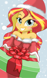 Size: 3040x5060 | Tagged: safe, artist:theroyalprincesses, character:sunset shimmer, my little pony:equestria girls, bare shoulders, christmas, female, holiday, looking at you, smiling, solo