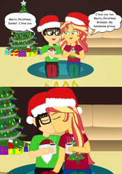 Size: 748x1069 | Tagged: safe, artist:robukun, character:sunset shimmer, oc, oc:brandon, my little pony:equestria girls, branset, canon x oc, chocolate, christmas, female, food, holiday, hot chocolate, kissing, male, straight