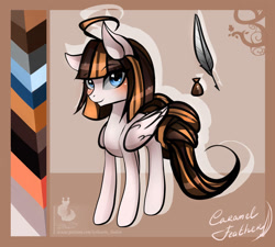 Size: 1024x922 | Tagged: safe, artist:wilvarin-liadon, oc, oc only, oc:caramel feather, species:pegasus, species:pony, female, reference sheet, solo