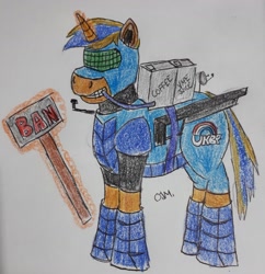 Size: 1410x1459 | Tagged: safe, artist:rapidsnap, oc, oc only, oc:caffine kick, banhammer, battle armor, coffee, energy weapon, laser rifle, solo, traditional art, uk ponies and pegasisters, ukbp, vape juice, weapon