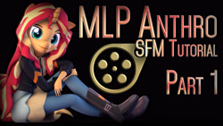 Size: 3840x2160 | Tagged: safe, artist:imafutureguitarhero, character:sunset shimmer, species:anthro, species:plantigrade anthro, species:pony, species:unicorn, my little pony:equestria girls, 3d, black background, female, high res, long hair, looking at you, mare, multicolored hair, simple background, solo, source filmmaker, text, thumbnail, tutorial, video at source, youtube link, youtube thumbnail
