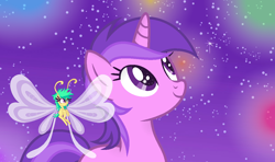 Size: 1214x720 | Tagged: safe, artist:razorbladetheunicron, base used, character:amethyst star, character:sparkler, character:twirly, species:breezies, species:pony, species:unicorn, lateverse, alternate hairstyle, alternate universe, duo, female, fireworks, happy new year, holiday, mare, night, night sky, sky, sparkling eyes, transparent wings