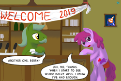 Size: 1000x667 | Tagged: safe, artist:quint-t-w, character:berry punch, character:berryshine, character:princess luna, oc, 2019, alcohol, bartender, breaking the fourth wall, dialogue, facial hair, happy new year, happy new year 2019, holiday, looking at you, moustache, picture, pub, traffic cone