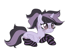 Size: 4093x2971 | Tagged: safe, artist:magicdarkart, oc, oc only, oc:dreamy drift, species:alicorn, species:pony, alicorn oc, clothing, cute, female, freckles, lying down, mare, simple background, socks, solo, stockings, striped socks, thigh highs, transparent background