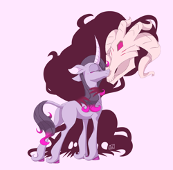 Size: 2230x2189 | Tagged: safe, artist:ogaraorcynder, community related, character:fhtng th§ ¿nsp§kbl, character:oleander, species:classical unicorn, species:pony, species:unicorn, them's fightin' herds, blushing, boop, butt, cloven hooves, curved horn, demon, eyes closed, female, floppy ears, fredeander, horn, interspecies, leonine tail, mare, noseboop, nuzzling, plot, shadow, shipping, simple background, skull, smiling, unshorn fetlocks, white background