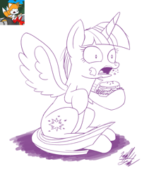 Size: 1263x1500 | Tagged: safe, artist:fuzon-s, character:twilight sparkle, character:twilight sparkle (alicorn), species:alicorn, species:pony, episode:twilight time, g4, my little pony: friendship is magic, burger, coughing, crossover, female, food, hay burger, mare, messy eating, miles "tails" prower, parody, shrunken pupils, sitting, sketch, solo, sonic mania, sonic mania adventure, sonic the hedgehog (series), twilight burgkle