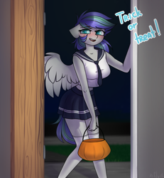 Size: 1849x2000 | Tagged: safe, artist:starlyfly, oc, oc only, oc:storm feather, species:anthro, species:pegasus, g4, big breasts, blushing, breasts, clothing, colored pupils, cute, dialogue, eyebrows, eyebrows visible through hair, female, halloween, holiday, mare, moe, pleated skirt, pumpkin bucket, rule 63, schoolgirl, skirt, socks, solo, text, thigh highs, trick or treat, zettai ryouiki
