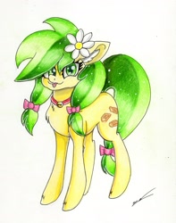 Size: 2371x3009 | Tagged: safe, artist:luxiwind, character:apple fritter, species:earth pony, species:pony, apple family member, bow, female, flower, flower in hair, hair bow, solo, tail bow, tongue out, traditional art