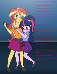 Size: 2550x3300 | Tagged: safe, artist:diaperednight, character:sunset shimmer, character:twilight sparkle, character:twilight sparkle (scitwi), species:eqg human, ship:scitwishimmer, ship:sunsetsparkle, g4, my little pony: equestria girls, my little pony:equestria girls, alternate costumes, blushing, drunk, drunk twilight, drunker shimmer, female, hug, lesbian, shipping