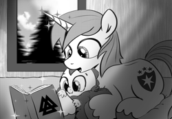 Size: 1013x703 | Tagged: safe, artist:mamatwilightsparkle, character:shining armor, character:spike, species:dragon, species:pony, species:unicorn, baby, baby dragon, baby spike, book, cute, cutie mark, male, monochrome, reading, shining adorable, spikabetes, spikelove, teenager, tumblr, valknut, younger