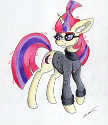 Size: 2383x2741 | Tagged: safe, artist:luxiwind, character:moondancer, species:pony, species:unicorn, clothing, ear fluff, female, glasses, looking back, mare, solo, sweater, traditional art