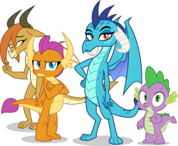 Size: 5913x4873 | Tagged: safe, artist:tomfraggle, character:ocellus, character:princess ember, character:smolder, character:spike, species:changeling, species:dragon, species:reformed changeling, absurd resolution, disguise, disguised changeling, dragon ocellus, dragoness, female, one of these things is not like the others, simple background, transparent background, vector