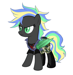 Size: 4032x4160 | Tagged: safe, artist:magicdarkart, oc, oc only, oc:primal screech, species:bat pony, species:pony, absurd resolution, badge, bat pony oc, bomb, boots, camouflage, clothing, denim, devil horns, ear piercing, earring, female, jeans, jewelry, mare, multicolored hair, pants, piercing, punk, shirt, shoes, simple background, solo, t-shirt, transparent background, vest, weapon