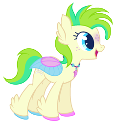 Size: 1012x1067 | Tagged: safe, artist:razorbladetheunicron, base used, oc, oc only, oc:windy blitz, parent:princess skystar, parent:twirly, parents:skytwirl, species:breezies, species:hippogriff, lateverse, colored hooves, colored wings, feather, freckles, hybrid, jewelry, magical lesbian spawn, multicolored eyes, multicolored wings, necklace, next generation, offspring, simple background, solo, transparent background, transparent wings, unshorn fetlocks